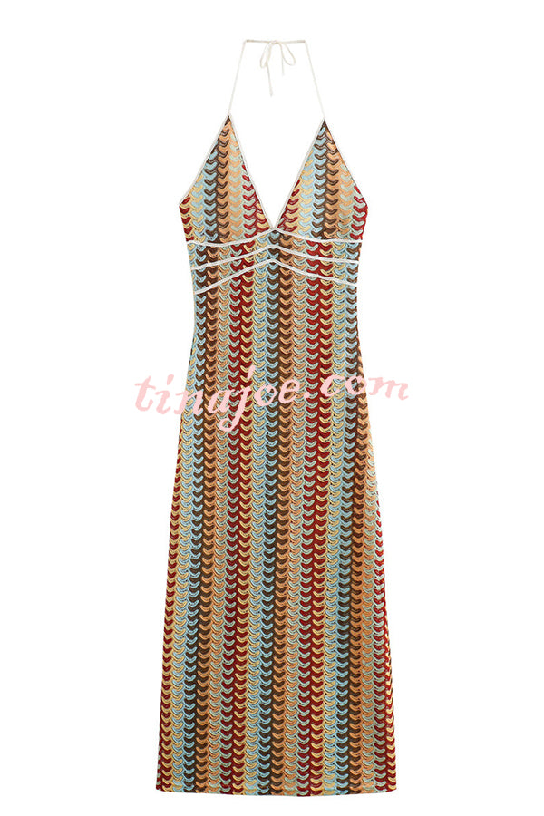 Playful Colorful Knit Holiday Style Halter Neck Maxi Dress