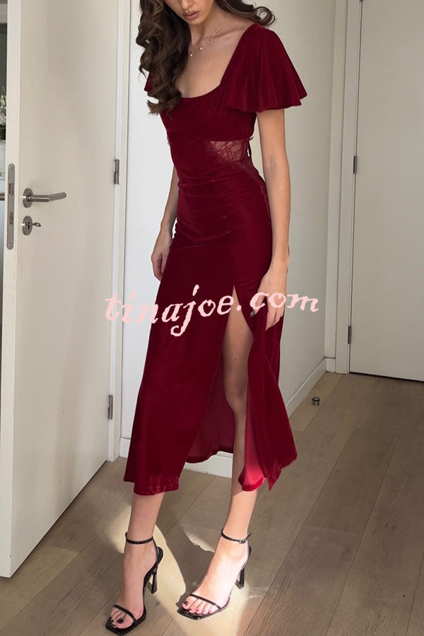 Yumi Velvet Lace Patchwork Bell Sleeve Back Lace-up Slit Midi Dress