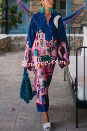Seaside Stroll Satin Unique Print Button Up Long Sleeve Slit Kaftan Midi Dress