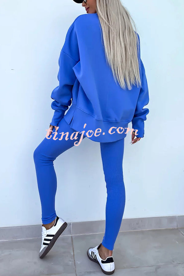 Solid Color Loose Long Sleeve SlitSweatshirt and Elastic Waist Tight Pants Set