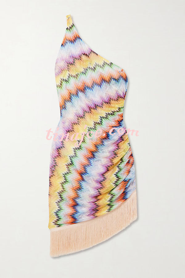 Eline Knit Colorful Zigzag PatternOne Shoulder Ruched Tassle Trim Mini Dress