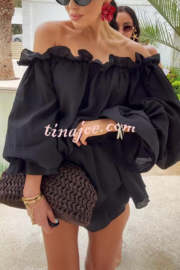 Arnell Linen Blend Off Shoulder Balloon Sleeve Shirt and Elastic Waist Layered Shorts Set