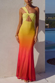 Dreamy Sunset Mesh Ombre Print One Shoulder Cutout Stretch Maxi Dress