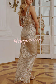 Glitzy Gala Sequin Draped Neckline Back Tie-up Ruched Slit Maxi Dress