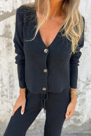 Solid Color V-neck Long-sleeved Button-down Knitted Top and Waist-tied Casual Straight-leg Pants Set