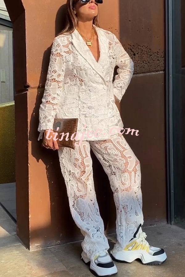 Fashionable Lace Long-sleeved Lapel Loose Top and Casual Hollow Pants Set