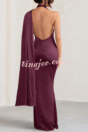 VIP Party Satin Asymmetric Scarf Neck Backless Maxi Dress