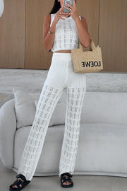 Solid Color Hollow Sleeveless Round Neck Knitted Vest and Stretch Casual Straight Pants Set