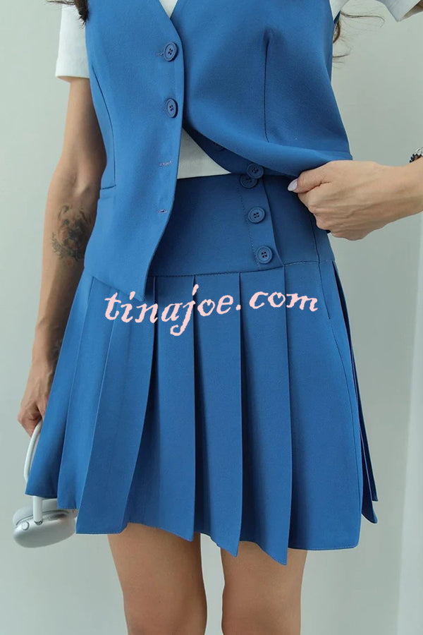 Solid Color Sleeveless Buttoned Vest and High-waisted Pleated Mini Skirt Set