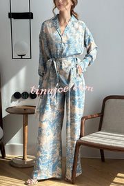 Unique Print Long-sleeved Tie Shirt and Elastic High-waist Wide-leg Pants Set