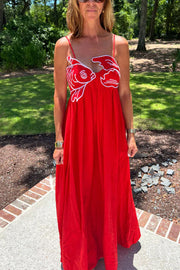 Red Fish Embroidered Sling Backless Maxi Dress