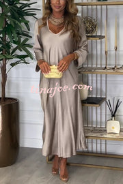 Solid Color V-neck Long-sleeved Loose Draped Maxi Dress