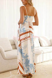 Botanical Print Square Neck Suspender Casual Full Hem Maxi Dress