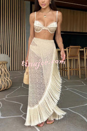 Solid High Waist Stretch Two-Piece Bikini and Fringed Cover Up Set