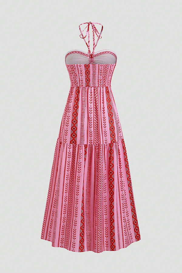 Bohemian Holiday Style Unique Print Halter Neck Tie Slit Midi Dress