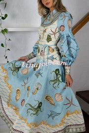 Ocean Print Lapel Button Waist Tie Resort Maxi Dress