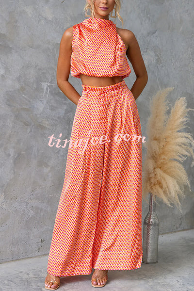 Girls Night Satin Printed High Neck Top and Elastic Tie-up Waist Pocket Wide Leg Pants Set