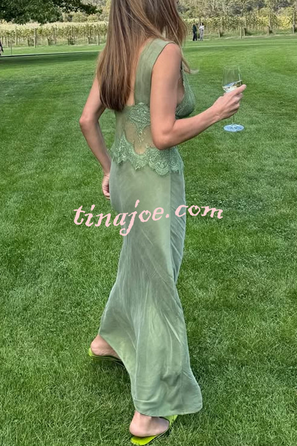 Wonderful Fusion Satin Lace Trim See-through Waist V-neck Drape Maxi Dress