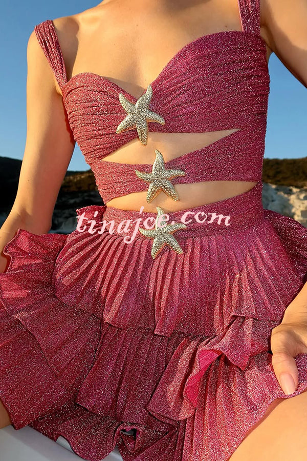 Little Mermaid Glitter Fabric Metal Starfish Hollow Layered Stretch One-piece Swimsuit