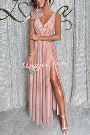 Everlasting Party Sequin Tulle Ruffles Shoulder Design Slit Maxi Dress