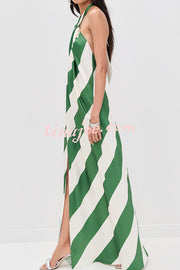 Most Dreamy Stripe Print Halter Tie-up Backless Pocket Loose Maxi Dress