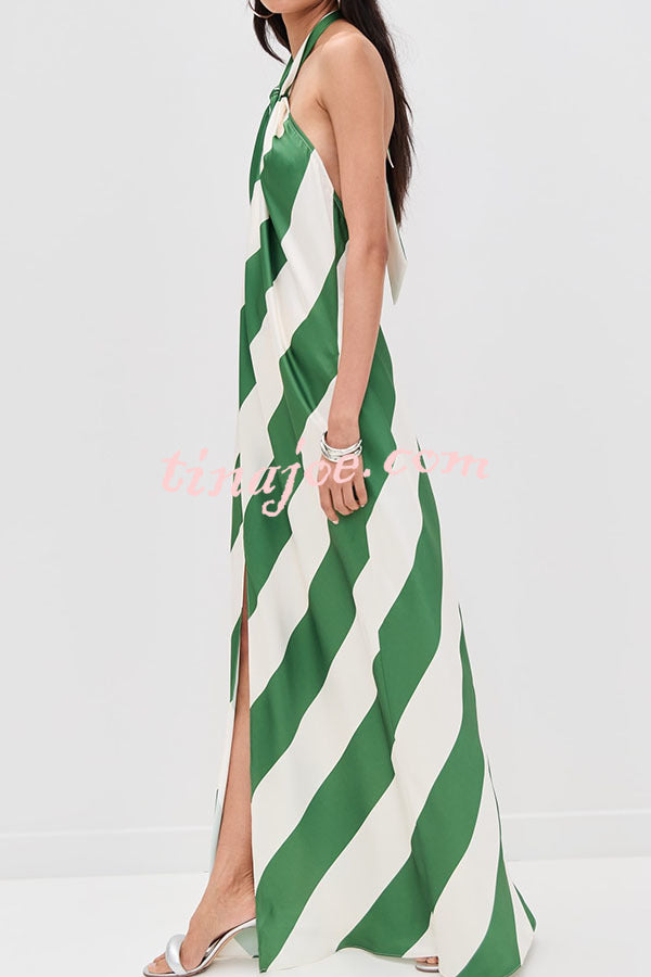 Most Dreamy Stripe Print Halter Tie-up Backless Pocket Loose Maxi Dress