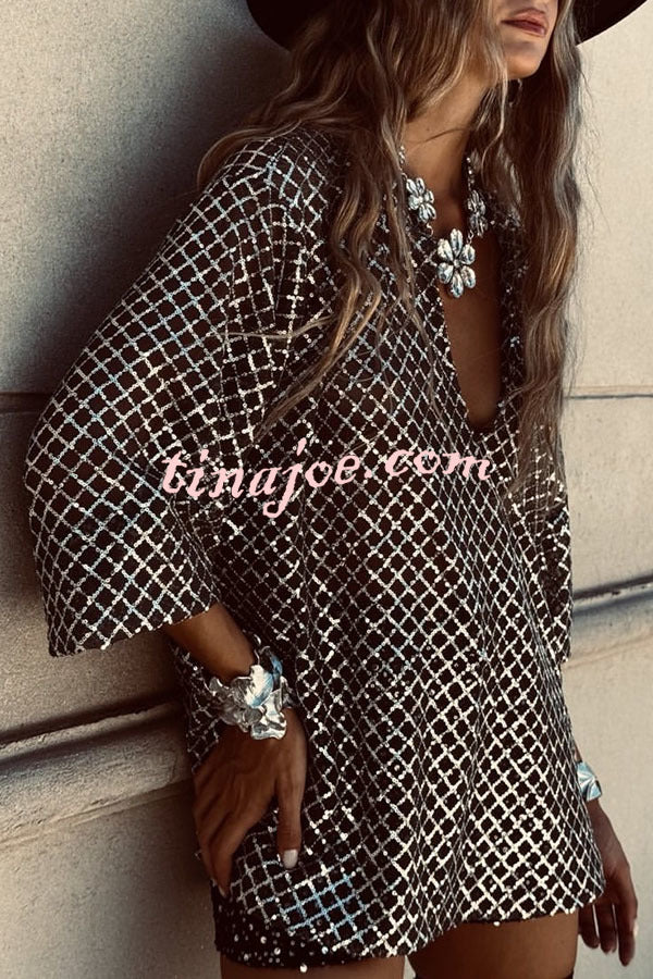 All about Glam Collar Sequin V-neck Half Sleeve Loose Top