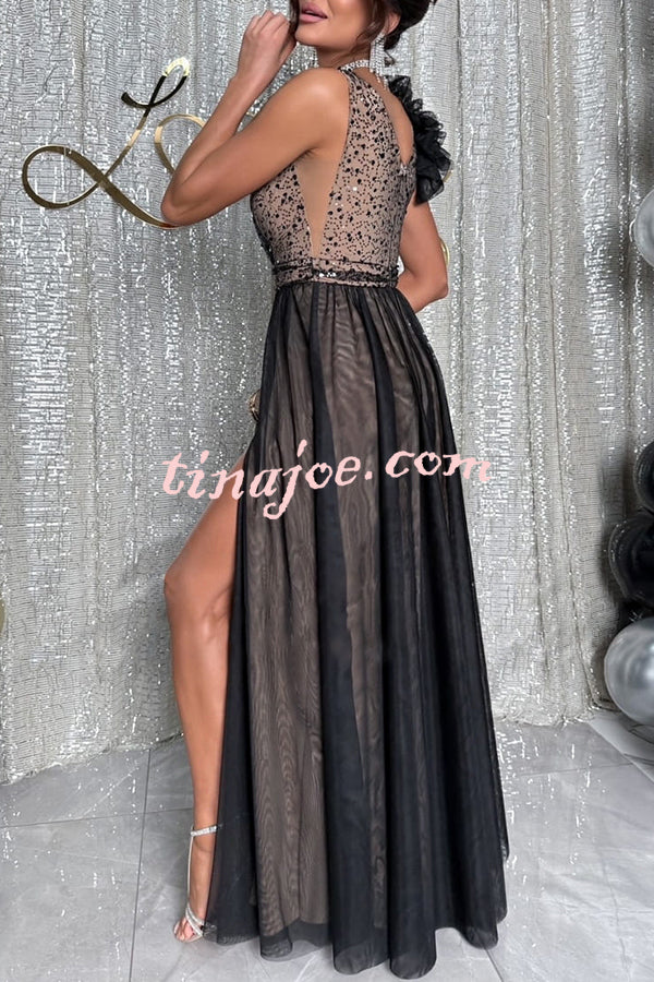 Everlasting Party Sequin Tulle Ruffles Shoulder Design Slit Maxi Dress