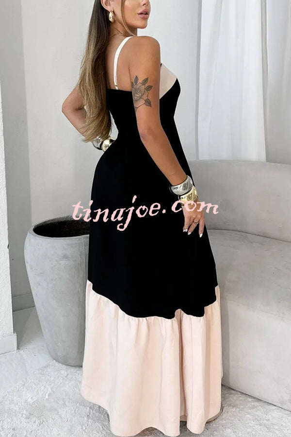 Fashionable Contrast Color Stitching Sling Maxi Dress