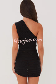 Solid Color Sexy One Shoulder Hollow Stitching Slim Fit Knitted Mini Dress