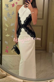Sexy Halterneck Lace Paneled Backless Slim Maxi Dress