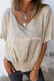 Linen Blend Solid Color V-neck Loose Pleated Casual Top