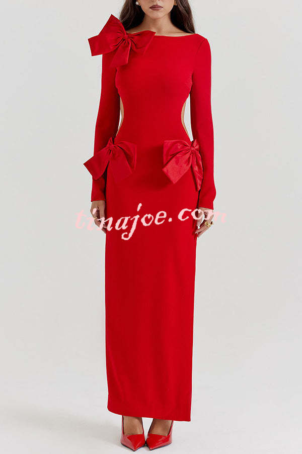 Lovely Bow Cutout Button Back Zipper Long Sleeve Maxi Dress