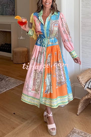 Unique Print Lapel Lantern Sleeve Single Breasted Tie Waist Midi Dress