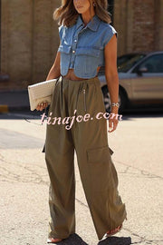 Stylish Weekend Denim Button Up Cape Sleeve Pocket Crop Top