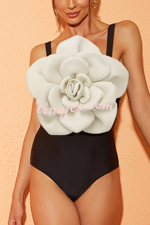 Fashionable Contrast Color Large Flower Stretch One-piece Swimsuit