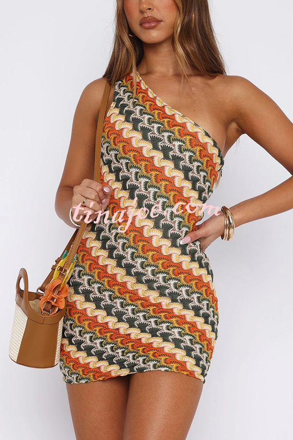 Playful Colorful Knitted Slim-fitting Offset Neck Stretch Mini Dress