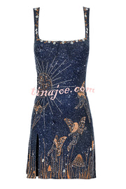 Magic and Night Sky Shiny Pattern Square Neck Slit Mini Dress