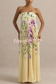 For Every Occasion Satin Pleated Floral Print V-wire Bandeau Neck Maxi Dress
