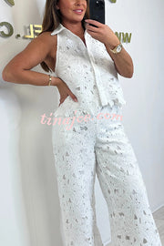 Delighted Embroidery Floral Hollow Lace Shirt-neck Vest and Wide Leg Pants Set