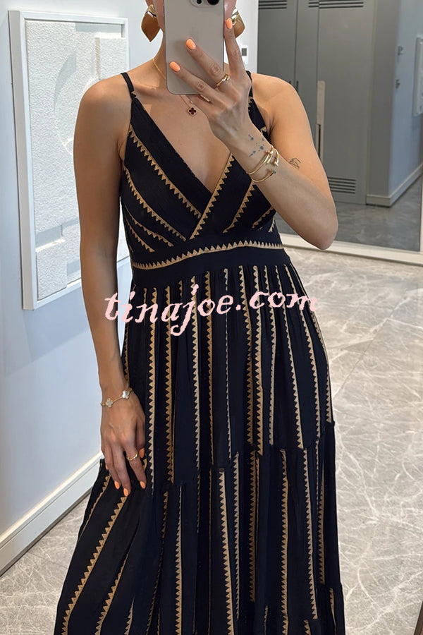 Striped Printed Suspender V-Neck Full Hem Loose Holiday Maxi Dress
