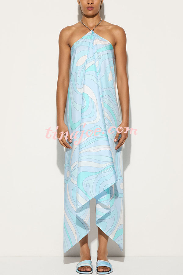 Elmhurst Satin Unique Print Chain Halter Draped Scarf Midi Dress