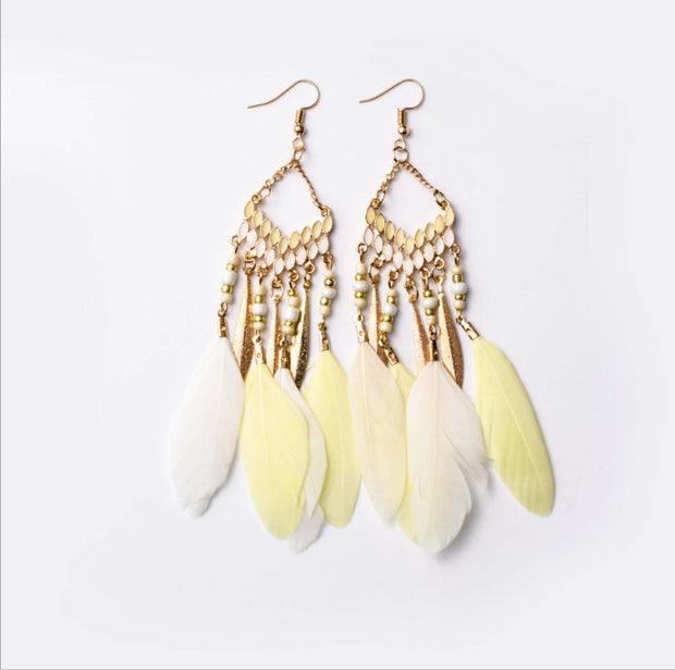 Vintage chain tassel bohemian feather earrings