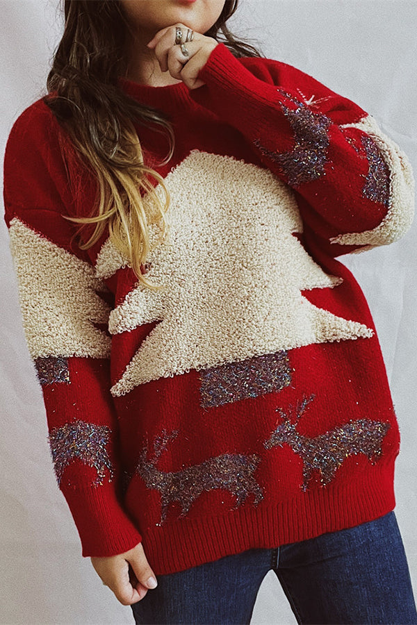 Christmas Pattern Knitted Crew Neck Long Sleeved Sweater