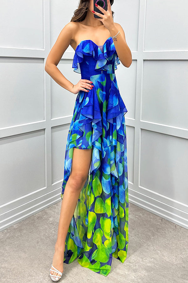 Loving Moment Gradient Unique Print Flowing Layered Ruffles Strapless Slit Maxi Dress