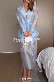 Simple and Light See-through Fabric Mid Rise Pencil Slit Midi Skirt
