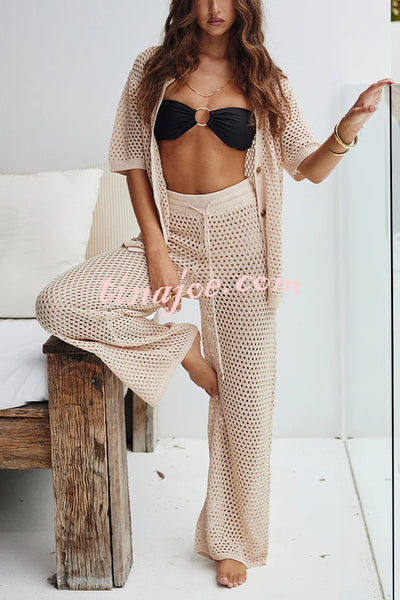 Fashion Hollow Loose Short-sleeved Top and Elastic Waist Casual Wide-leg Pants Set