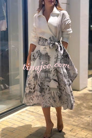 Jiles Linen Blend Unique Contrast Print Long Sleeve Tie-up Pocket Shirt Midi Dress