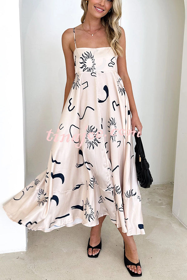 Elide Satin Unique Print Back Smocked Vacation Maxi Dress