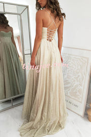 Cinderella Glitter Tulle Fabric Cowl Neck Back Lace-up Pocketed Slit Maxi Dress